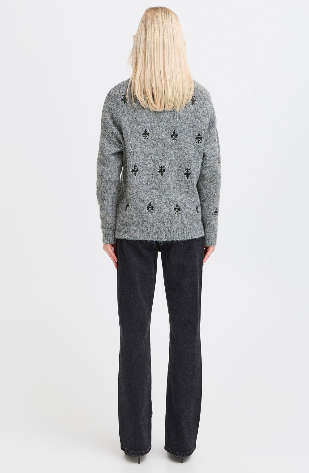 Mid Grey Melange Embroidered Jumper