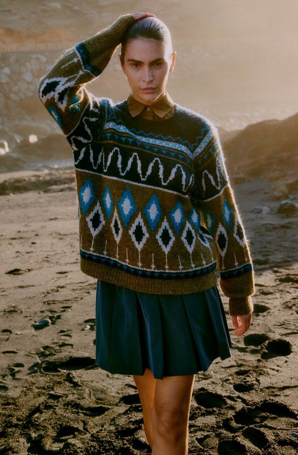 Navy Blazer and Khaki Mixed Pattern Jumper
