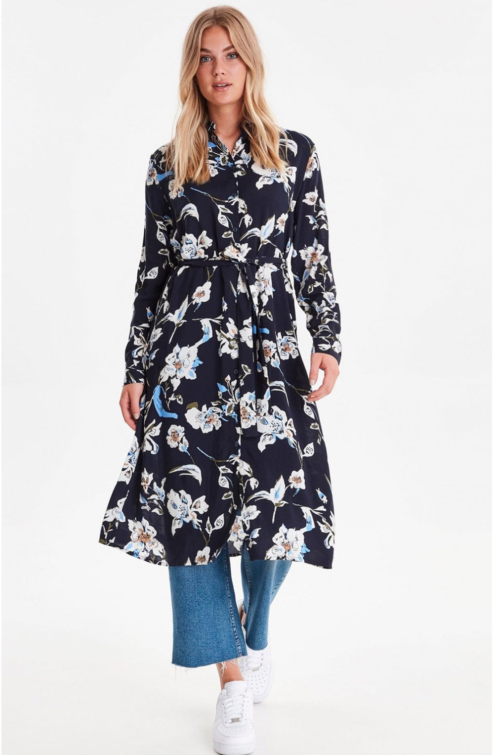 Navy Floral Print Shirt Dress