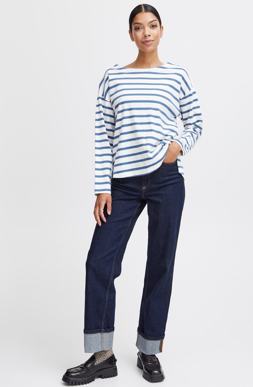 Off White and Blue Striped Pullover