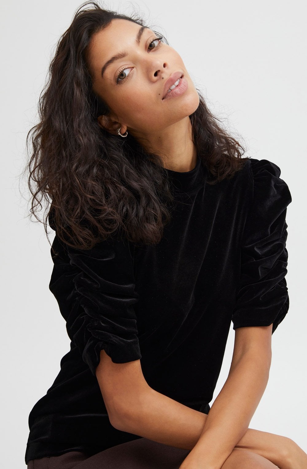 Perlina Black Velvet High Neck Ruffle Sleeve Top