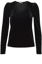Perlina Black Velvet V Neck Ruched Shoulder Top