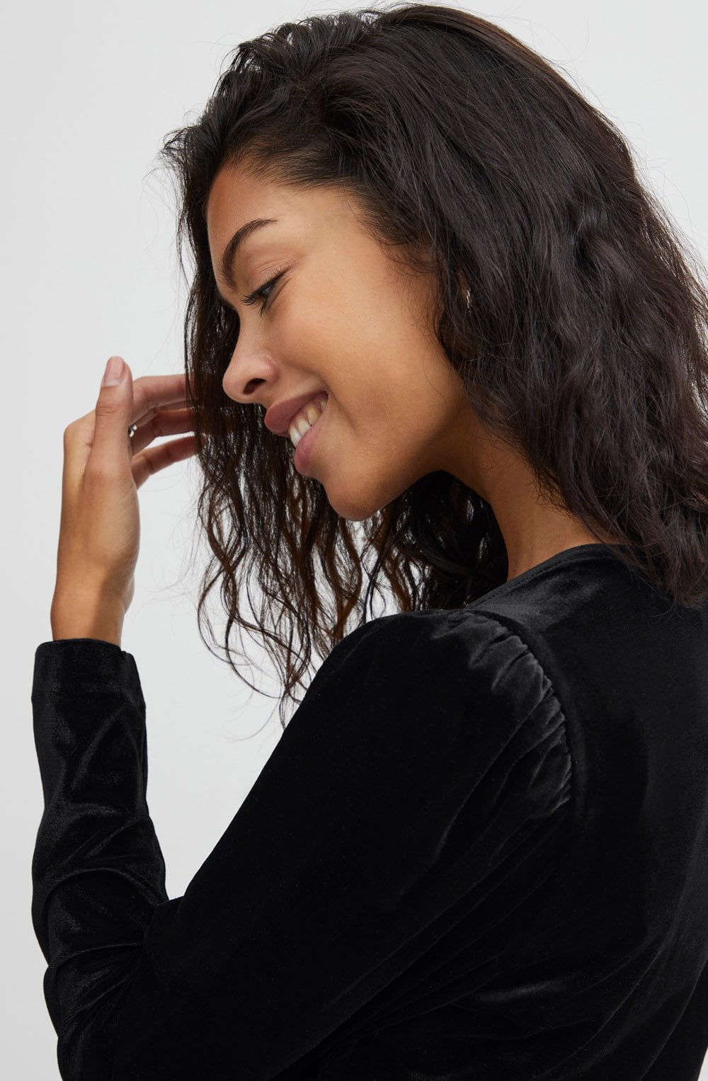 Perlina Black Velvet V Neck Ruched Shoulder Top
