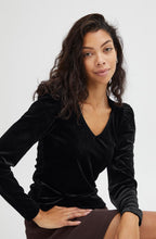 Perlina Black Velvet V Neck Ruched Shoulder Top