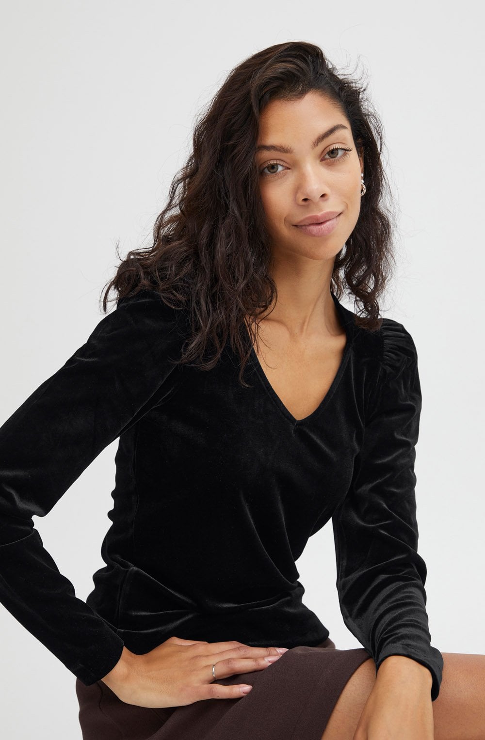 Perlina Black Velvet V Neck Ruched Shoulder Top