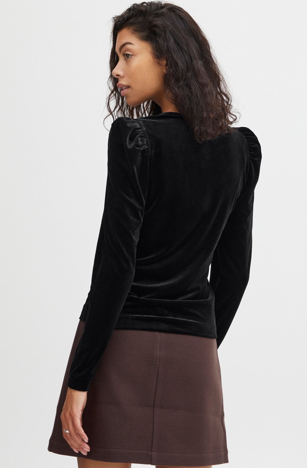 Perlina Black Velvet V Neck Ruched Shoulder Top