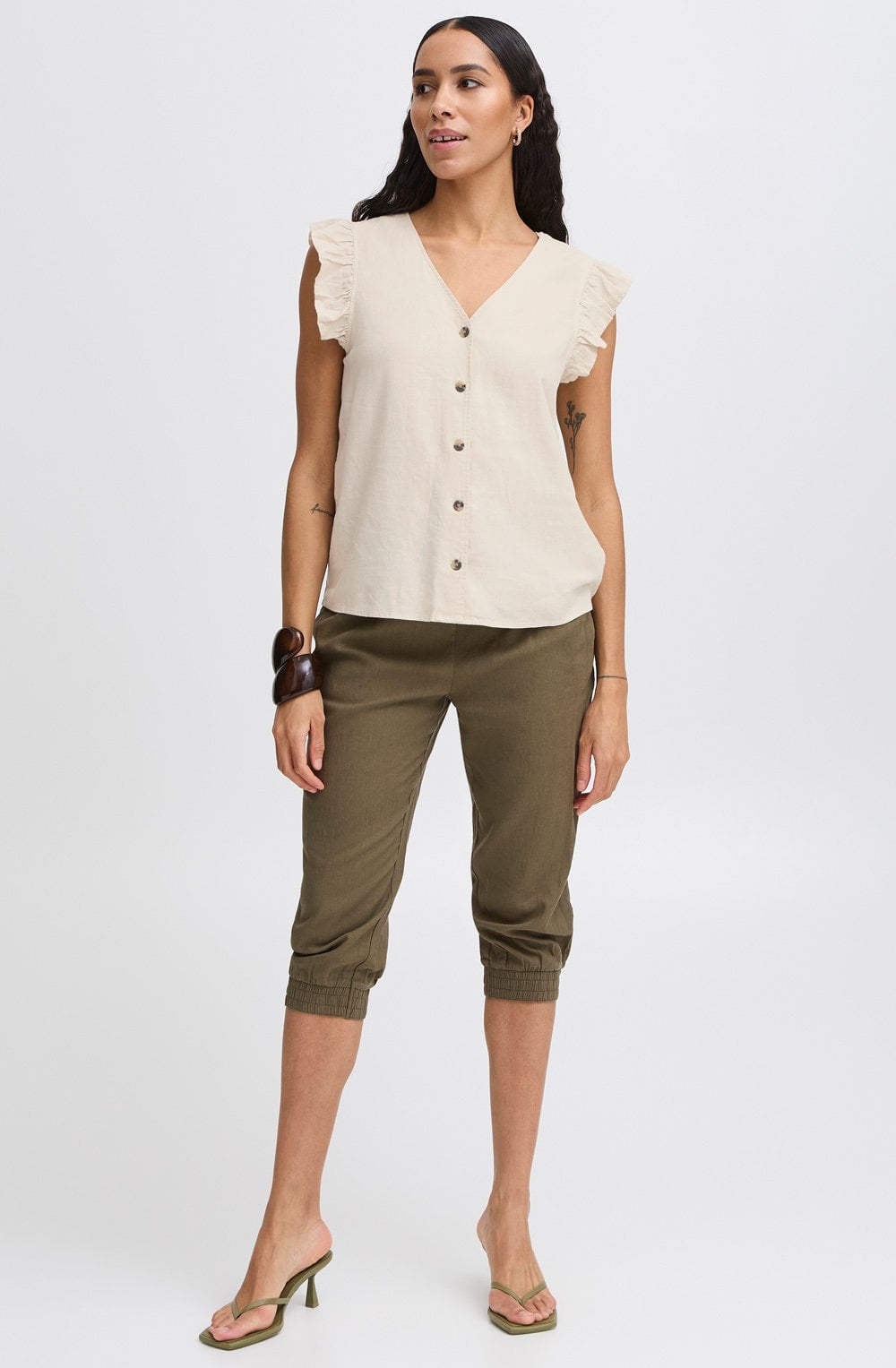 Rainy Day Linen Mix Ruffle Sleeve Shirt