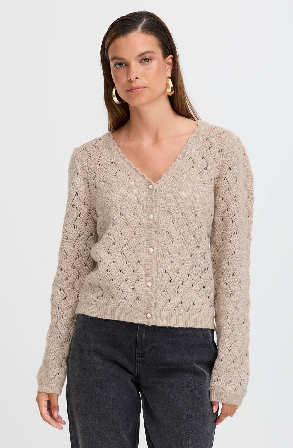 String Melange Patterned Knit Cardigan