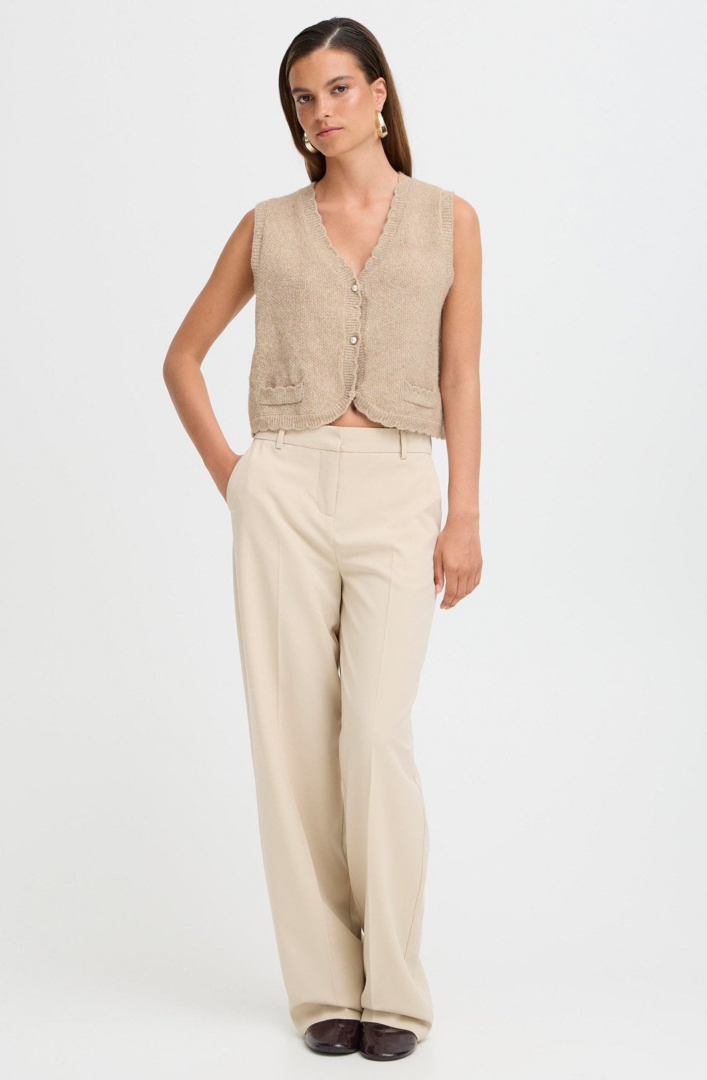 String Melange Pearl Button Knitted Waistcoat