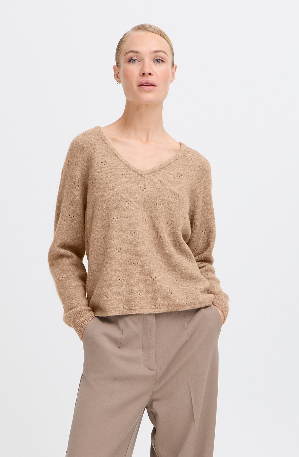 Walnut Melange V Neck Jumper