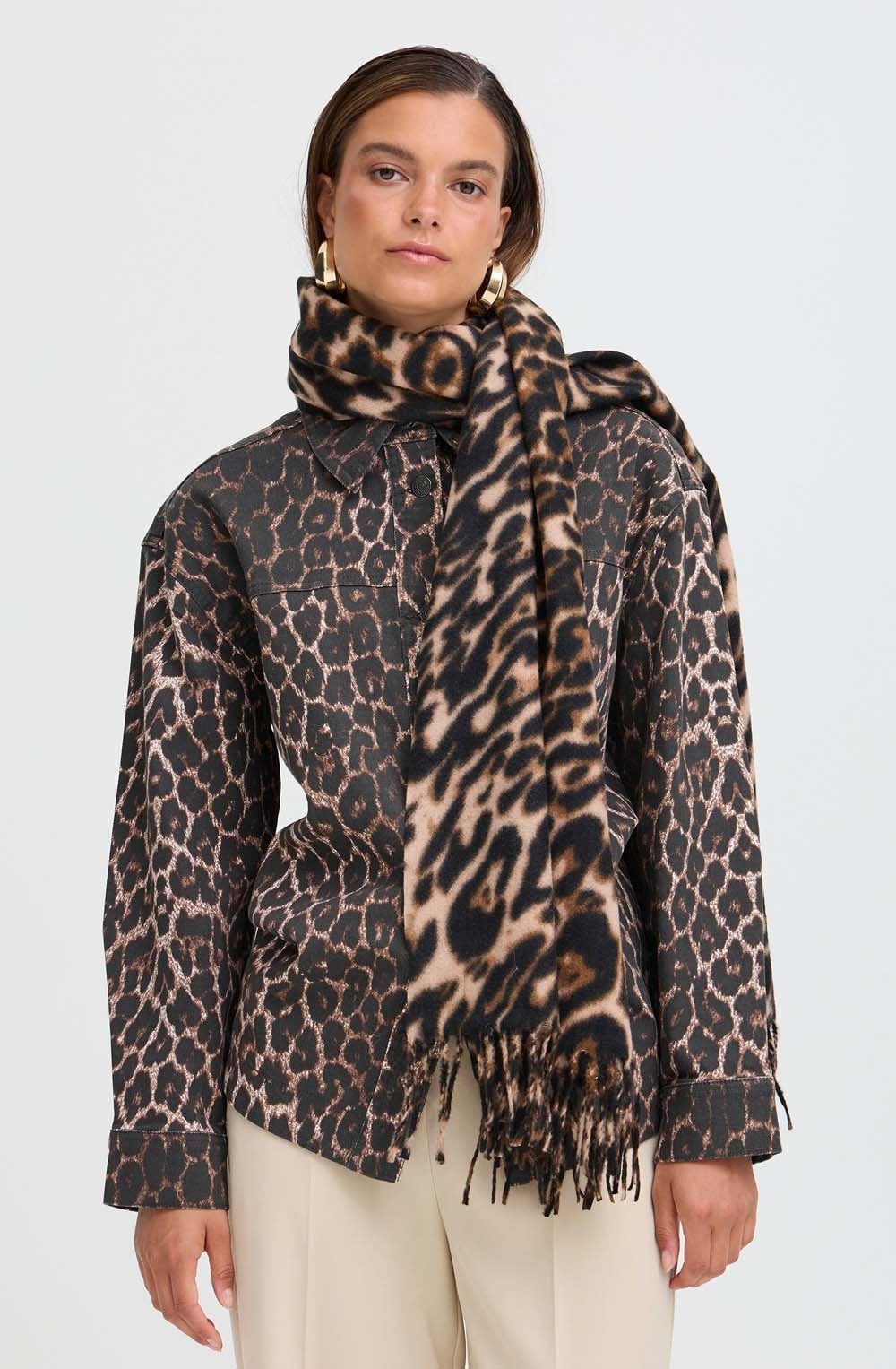 Weopard Black Mix Leopard Print Tasselled Scarf