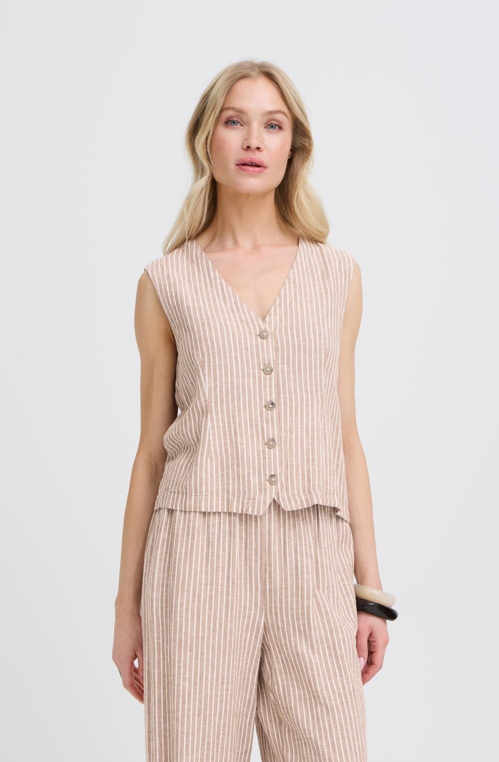 Woodsmoke and White Striped Linen Mix Waistcoat