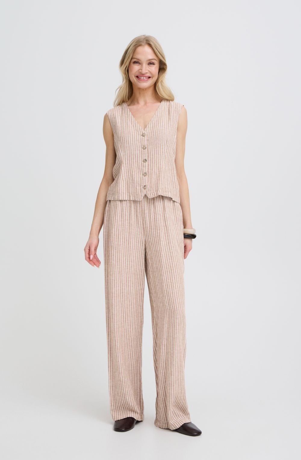 Woodsmoke and White Striped Linen Mix Waistcoat