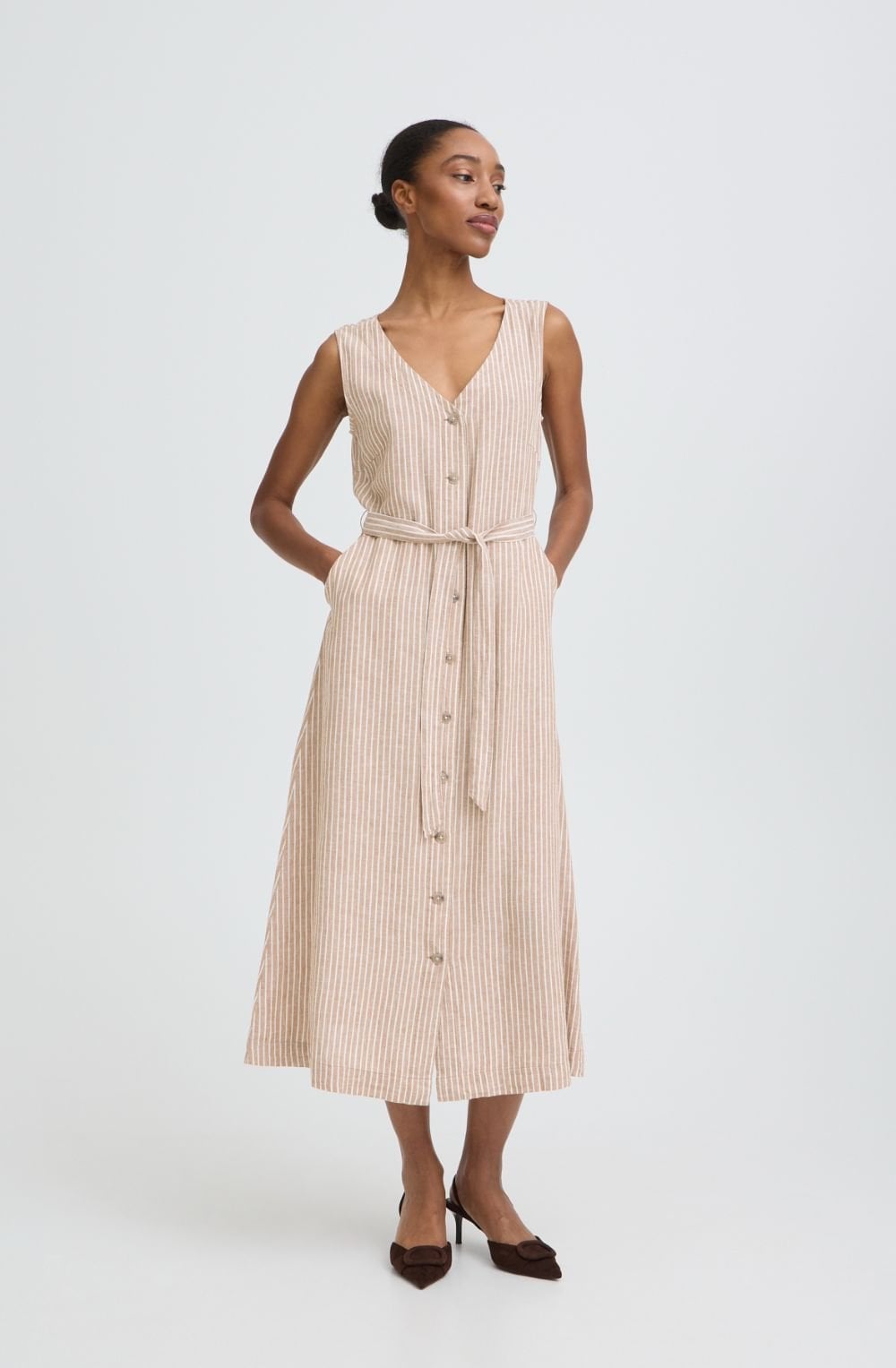 Woodsmoke Stripe Linen Mix Sleeveless Dress