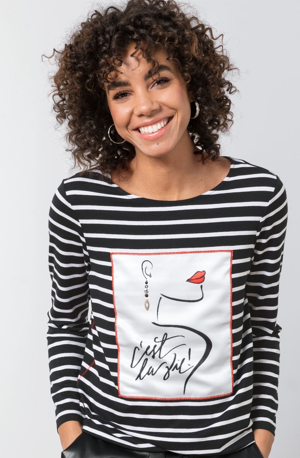 Black Striped Bold Print Front Top