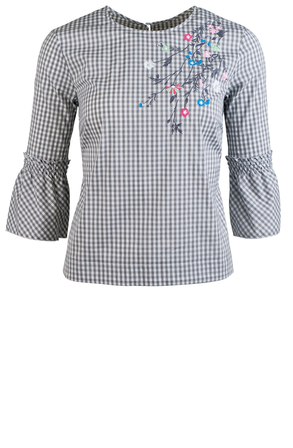 Check Bell Sleeve Blouse