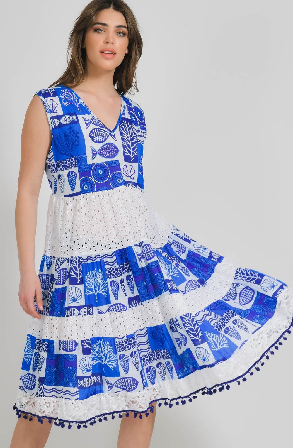Blue and White Ocean Design Sleeveless Dress