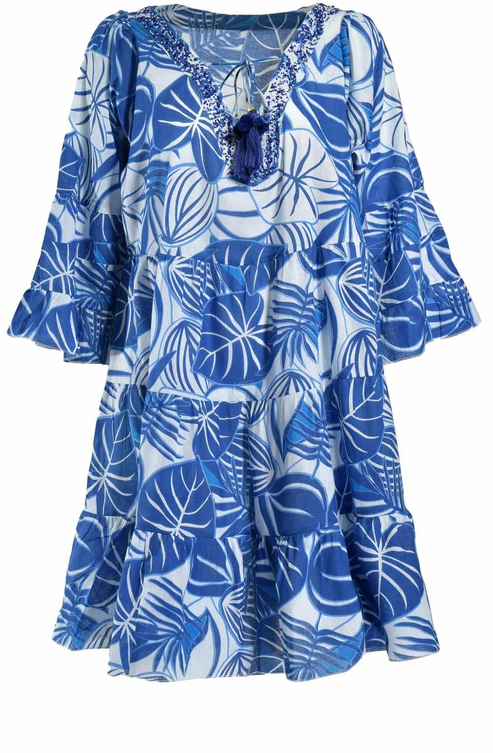 Blue and White Tasselled and Tiered Dress