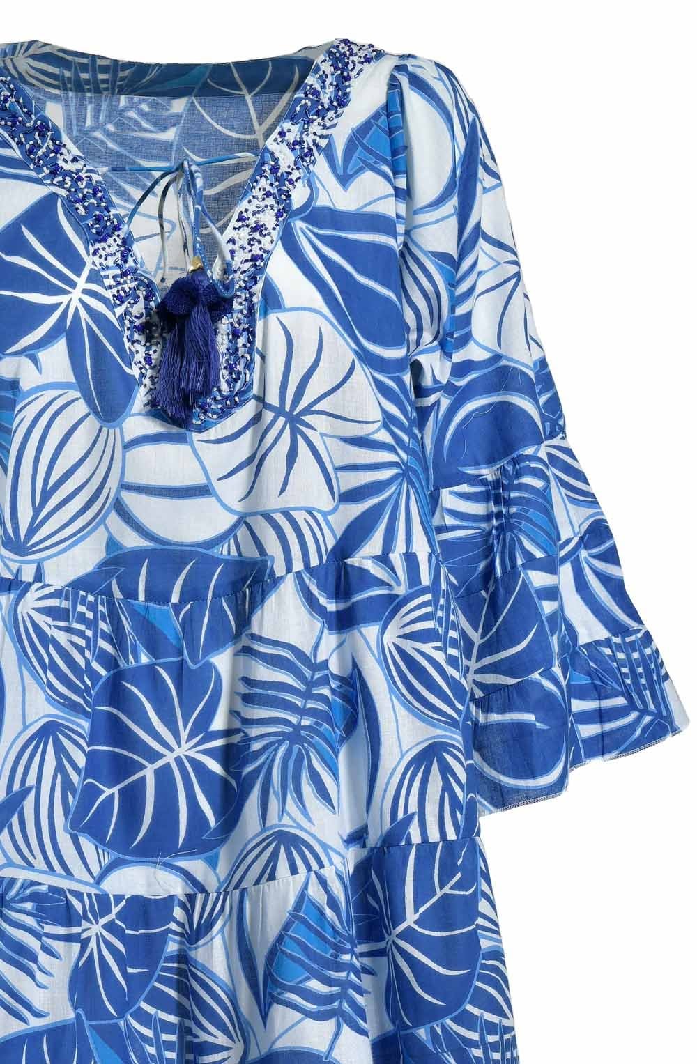 Blue and White Tasselled and Tiered Dress