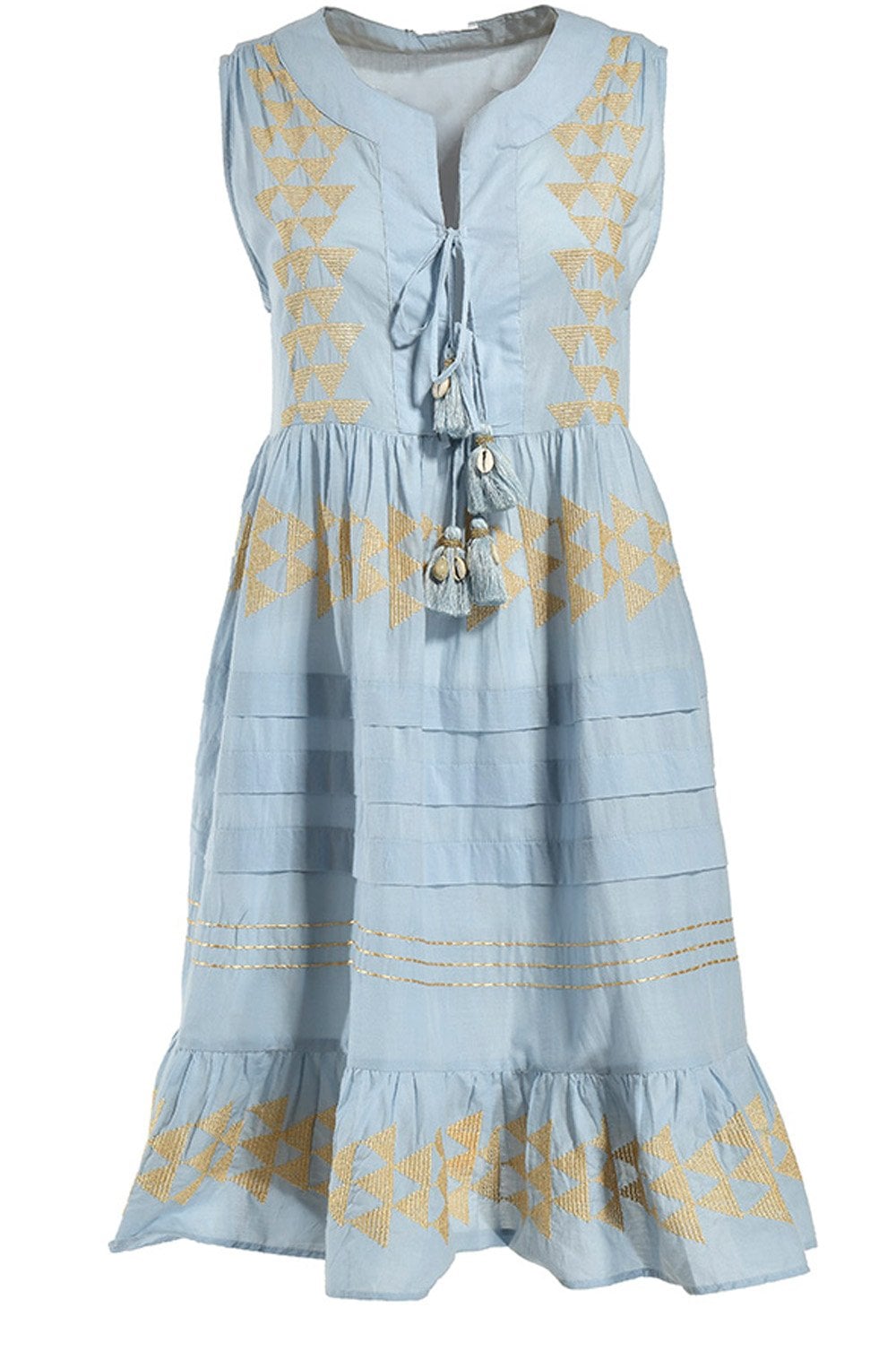 Light Blue Gold Embroidered Sleeveless Dress