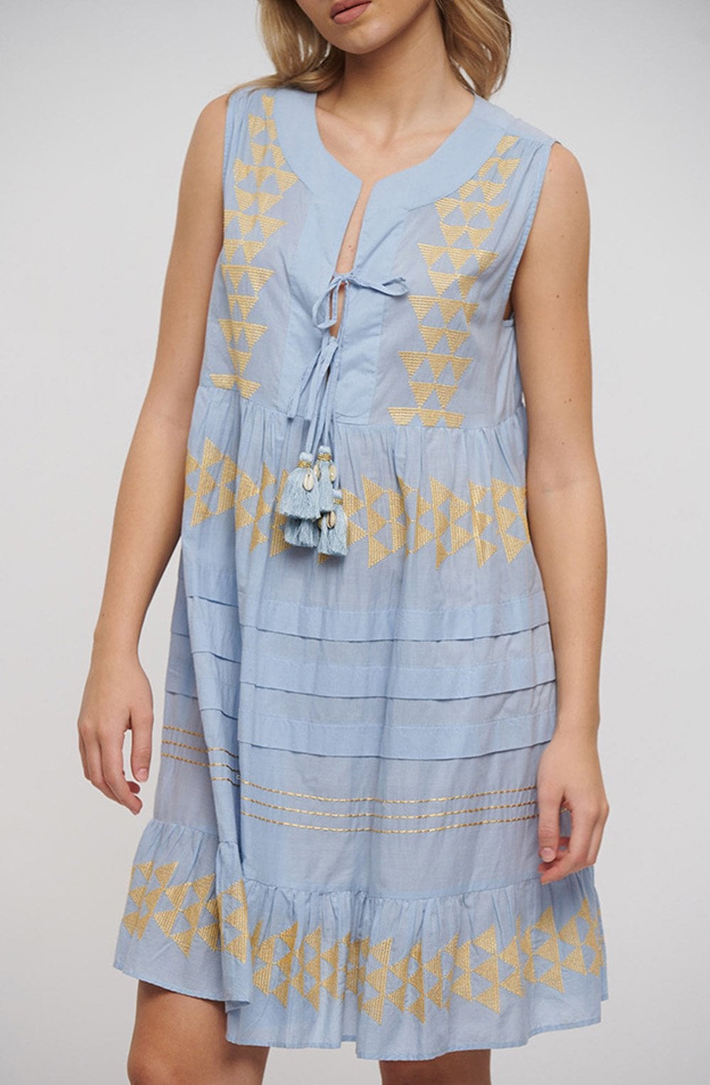 Light Blue Gold Embroidered Sleeveless Dress