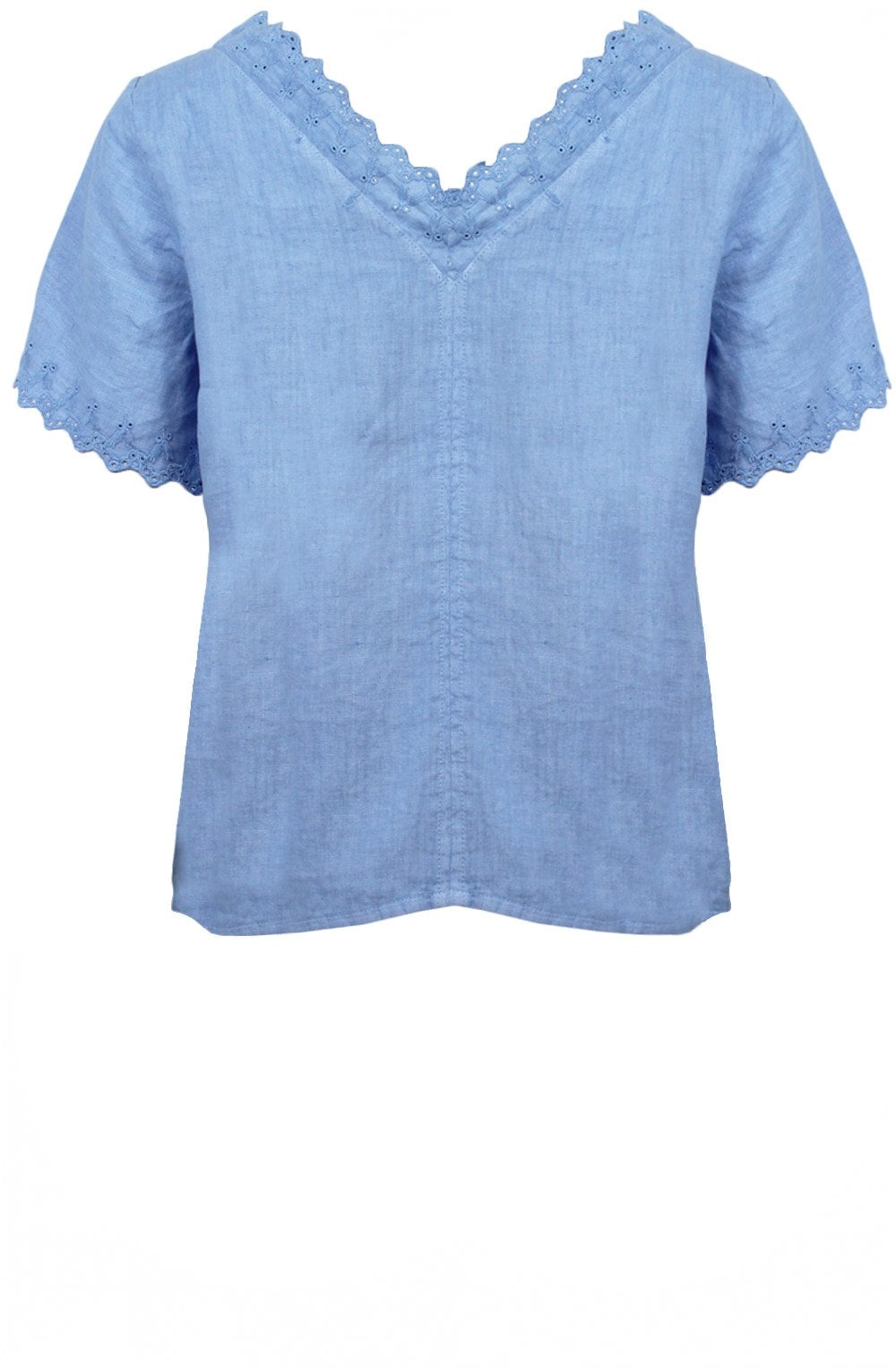 Dusty Blue Embroidered Linen Back and Sleeve Top