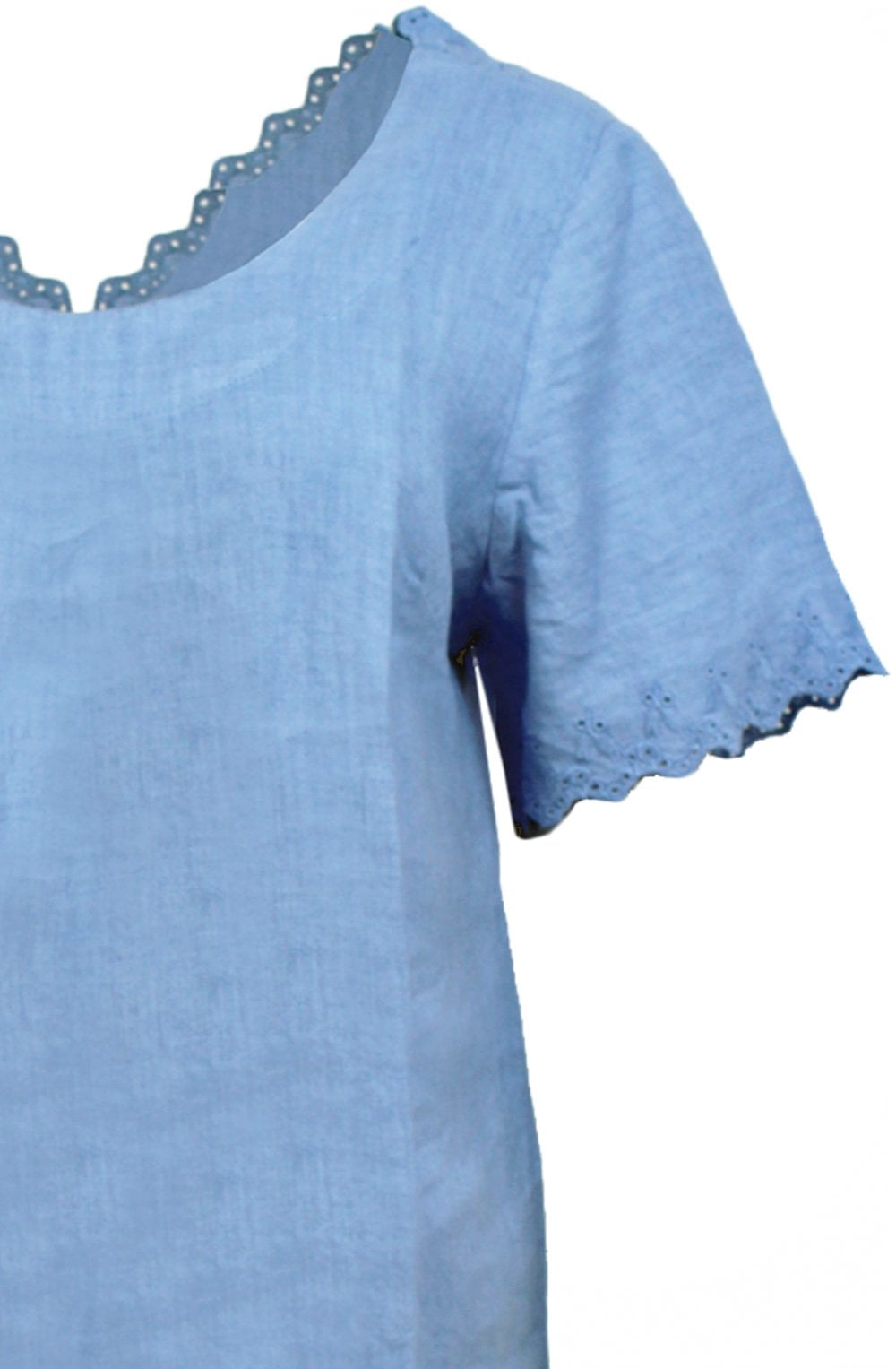 Dusty Blue Embroidered Linen Back and Sleeve Top