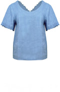 Dusty Blue Embroidered Linen Back and Sleeve Top