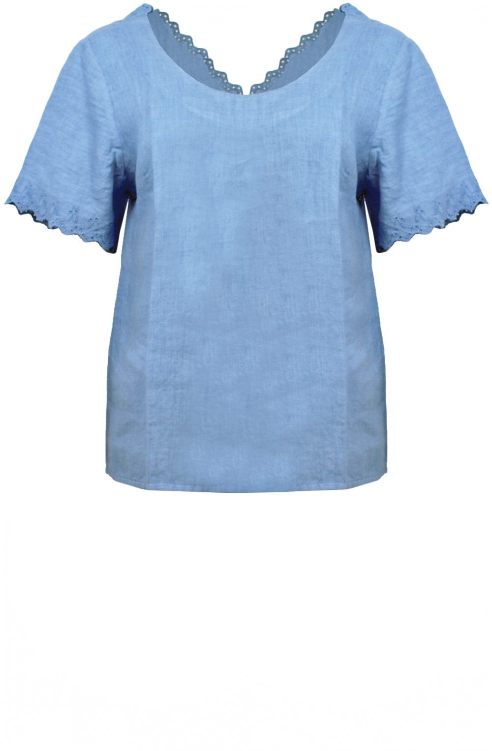Dusty Blue Embroidered Linen Back and Sleeve Top