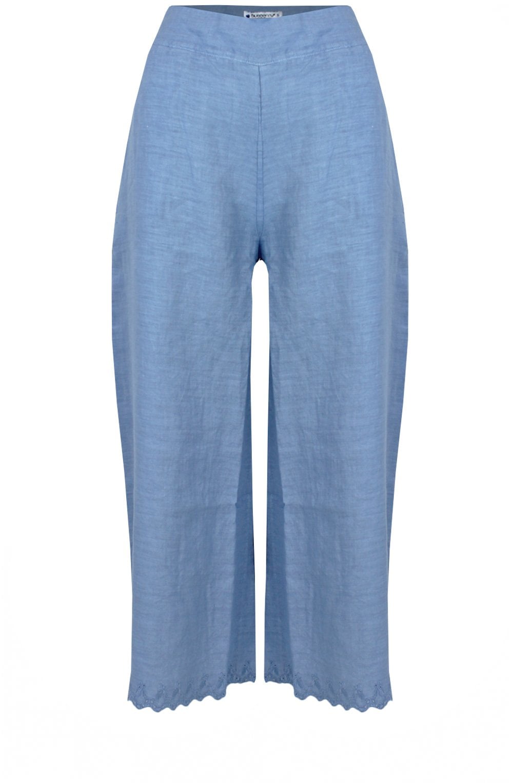 Dusty Blue Embroidered Linen Cropped Trousers
