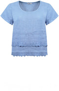 Dusty Blue Embroidered Linen Short Sleeved Frill Top