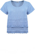 Dusty Blue Embroidered Linen Short Sleeved Frill Top