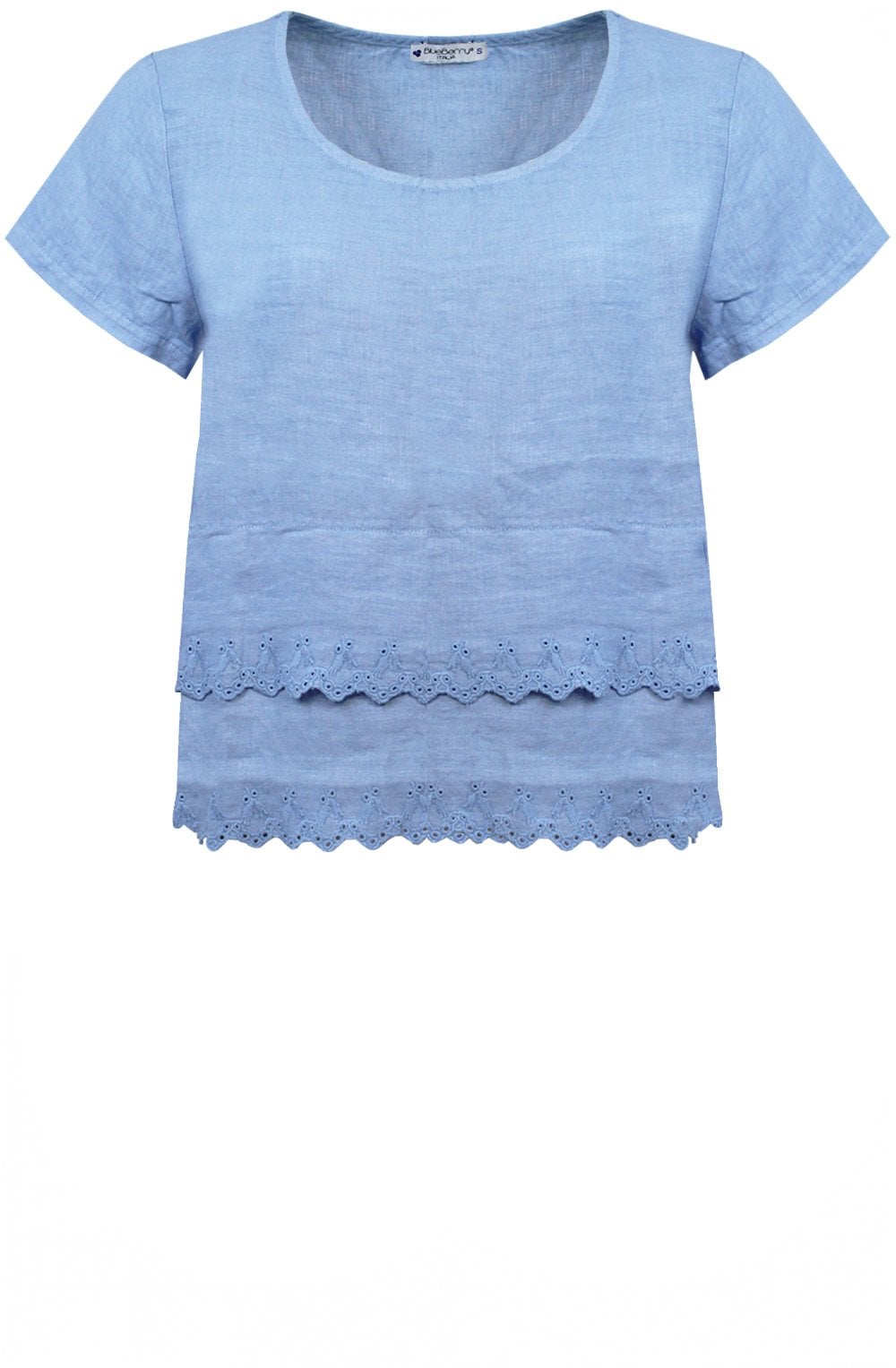 Dusty Blue Embroidered Linen Short Sleeved Frill Top