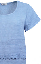 Dusty Blue Embroidered Linen Short Sleeved Frill Top