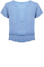 Dusty Blue Embroidered Linen Short Sleeved Frill Top