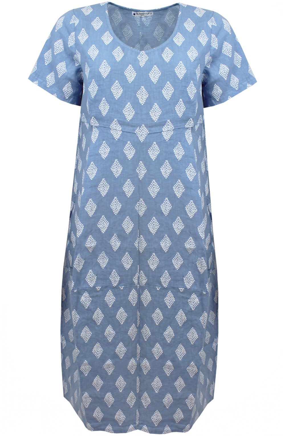 Dusty Blue Geometric Print Linen Tulip Dress