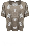 Fango Embroidered Top with Cuffed Short Sleeves