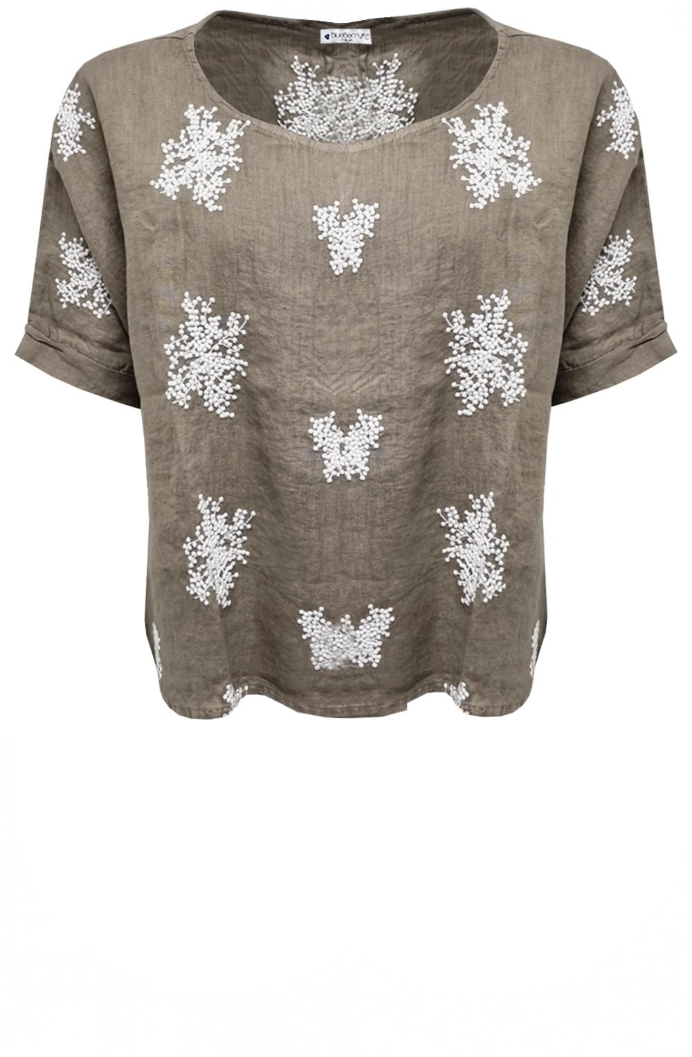 Fango Embroidered Top with Cuffed Short Sleeves