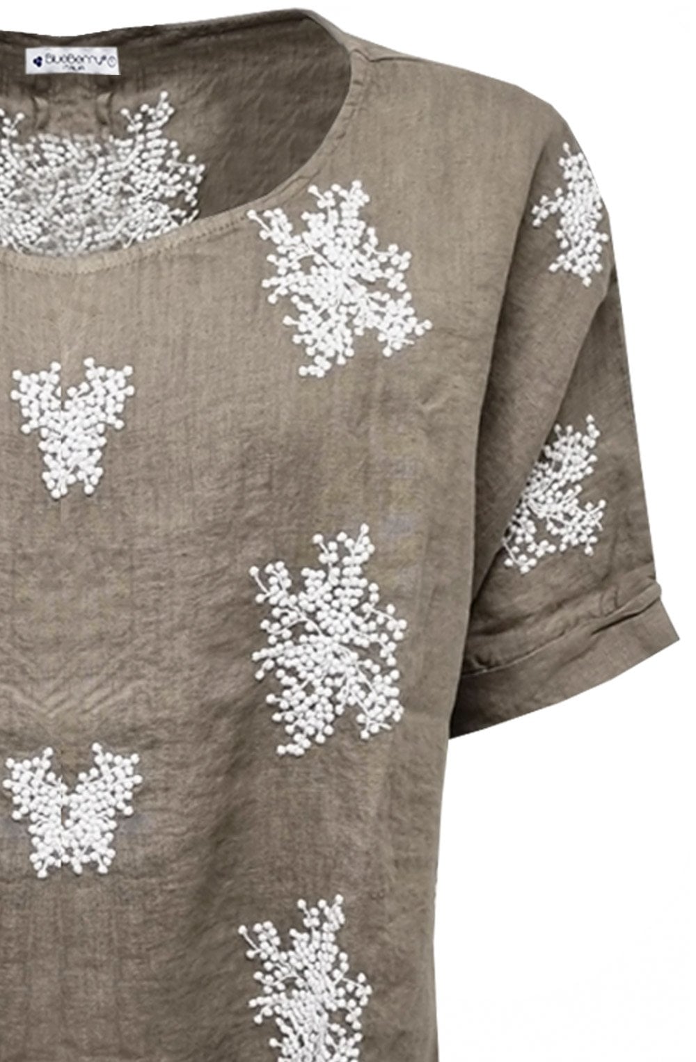 Fango Embroidered Top with Cuffed Short Sleeves