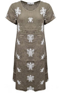 Fango Floral Embroidered Short Sleeve Linen Dress