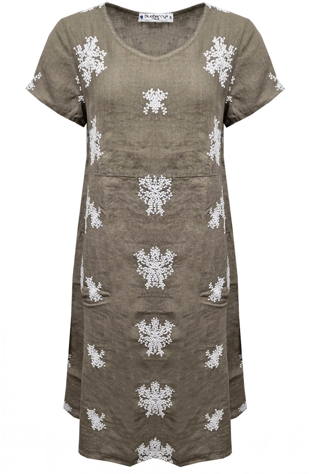 Fango Floral Embroidered Short Sleeve Linen Dress