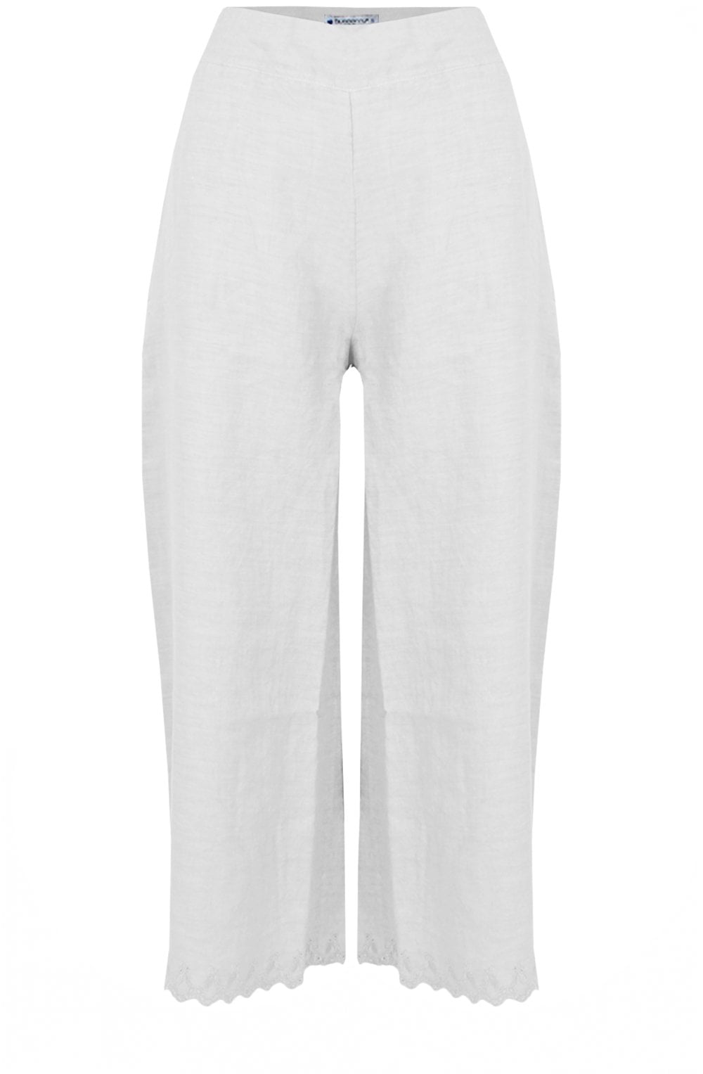 White Embroidered Linen Cropped Trousers