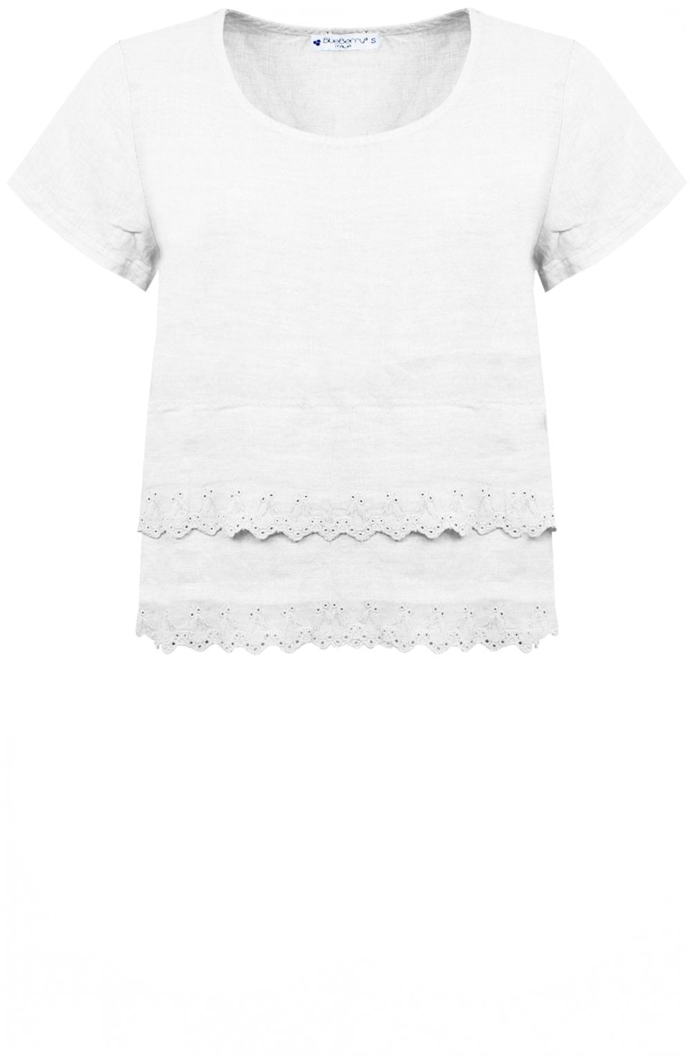 White Embroidered Linen Short Sleeved Frill Top