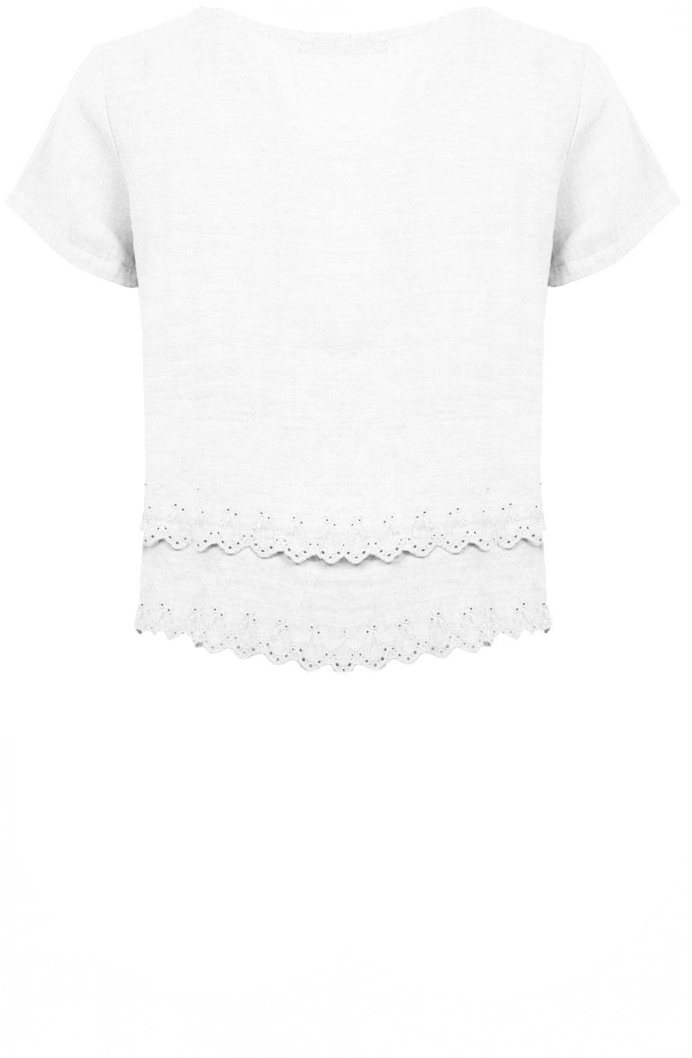 White Embroidered Linen Short Sleeved Frill Top
