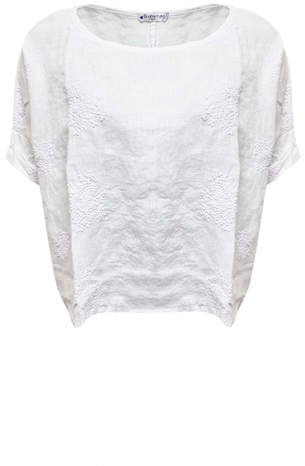 White Embroidered Top with Cuffed Short Sleeves