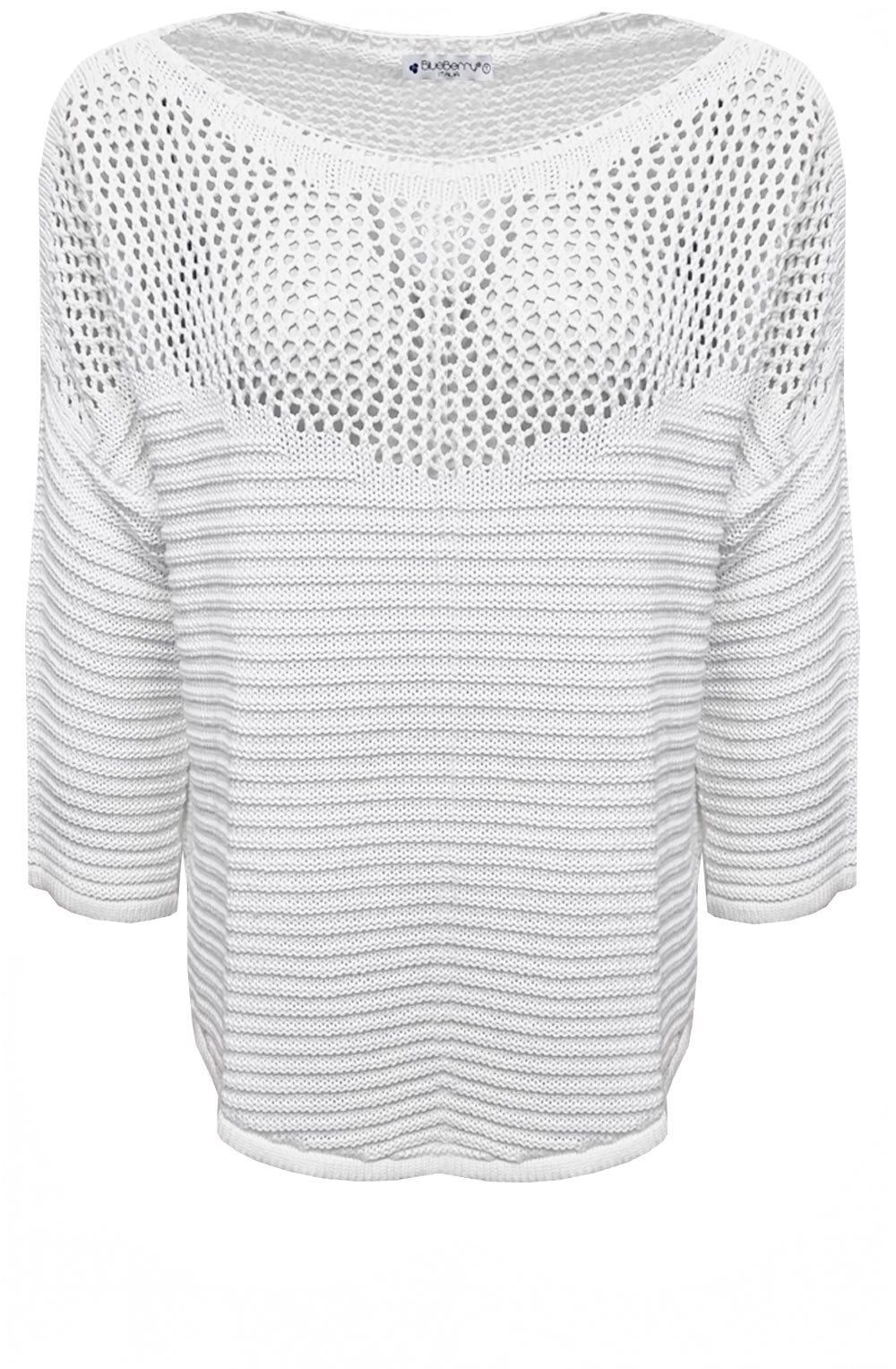 White Open and Ribbed Knit Pullover