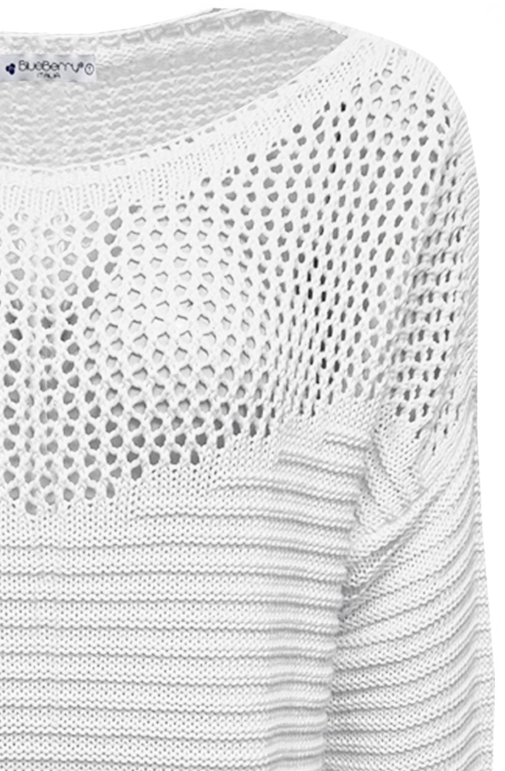 White Open and Ribbed Knit Pullover