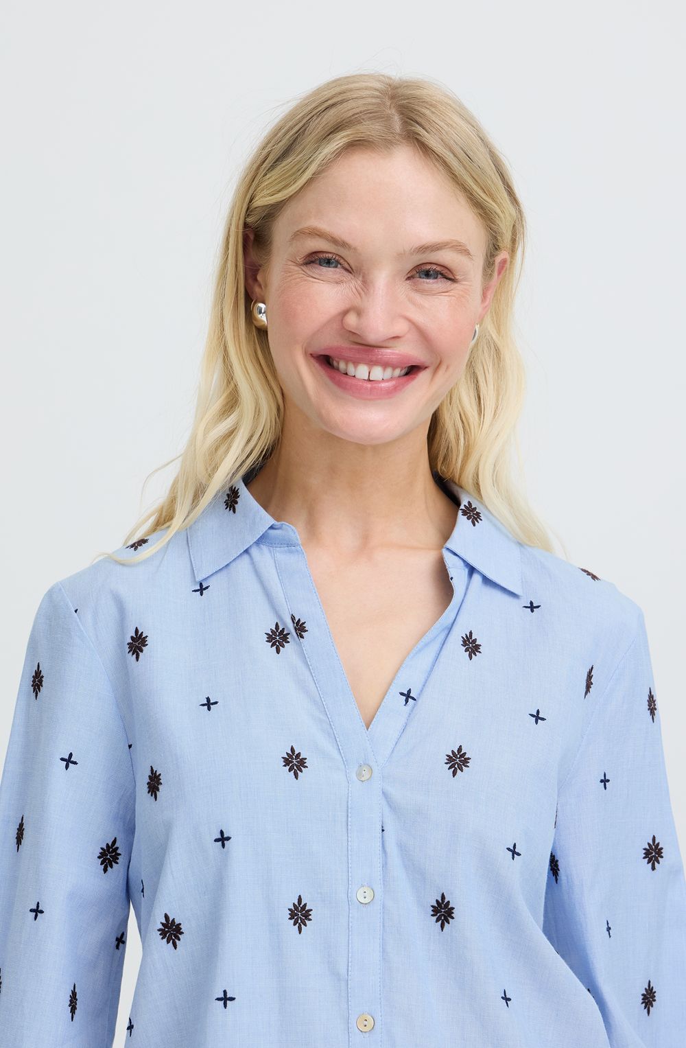 Chambray Blue Embroidered Print Blouse