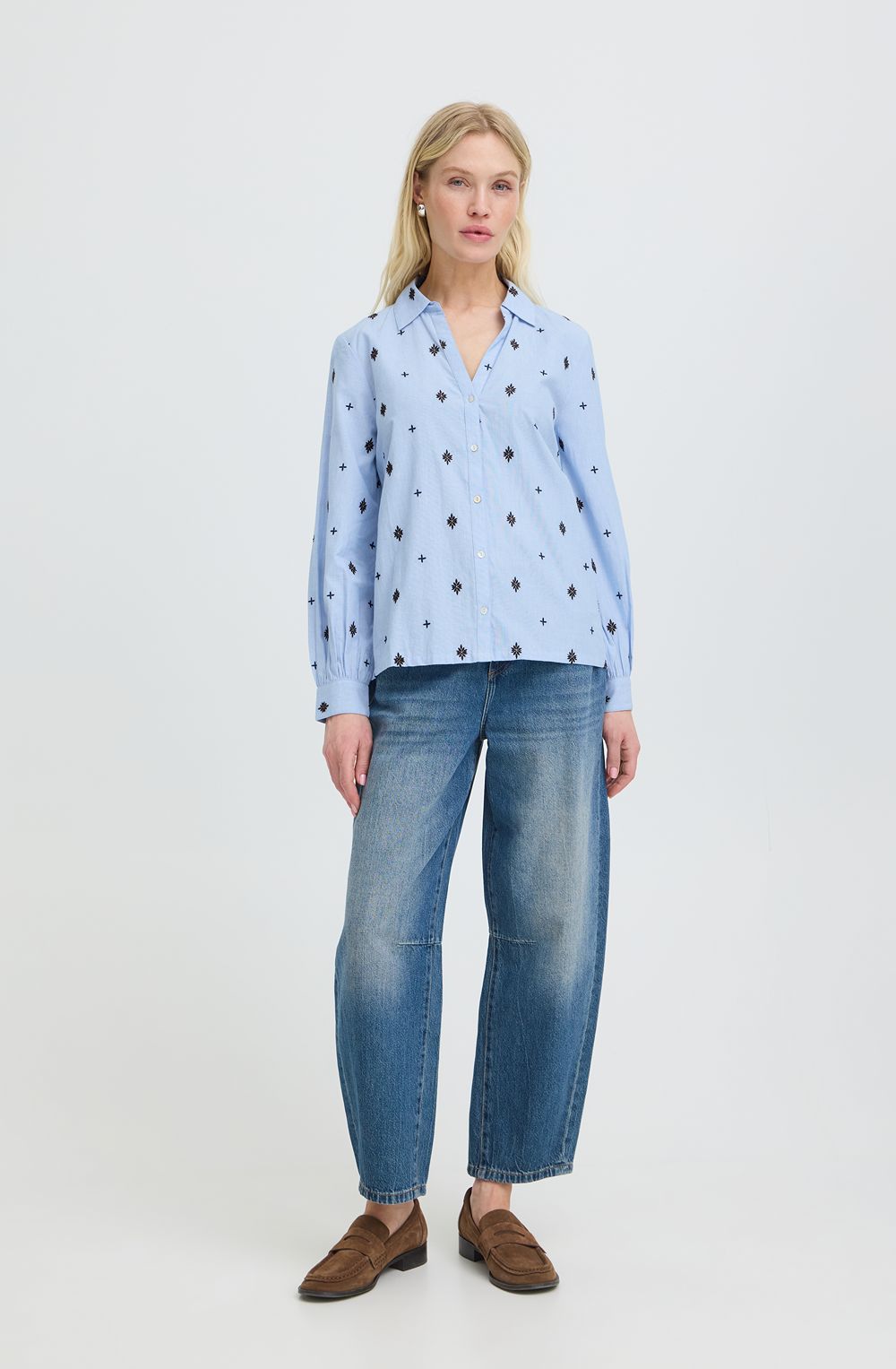 Chambray Blue Embroidered Print Blouse