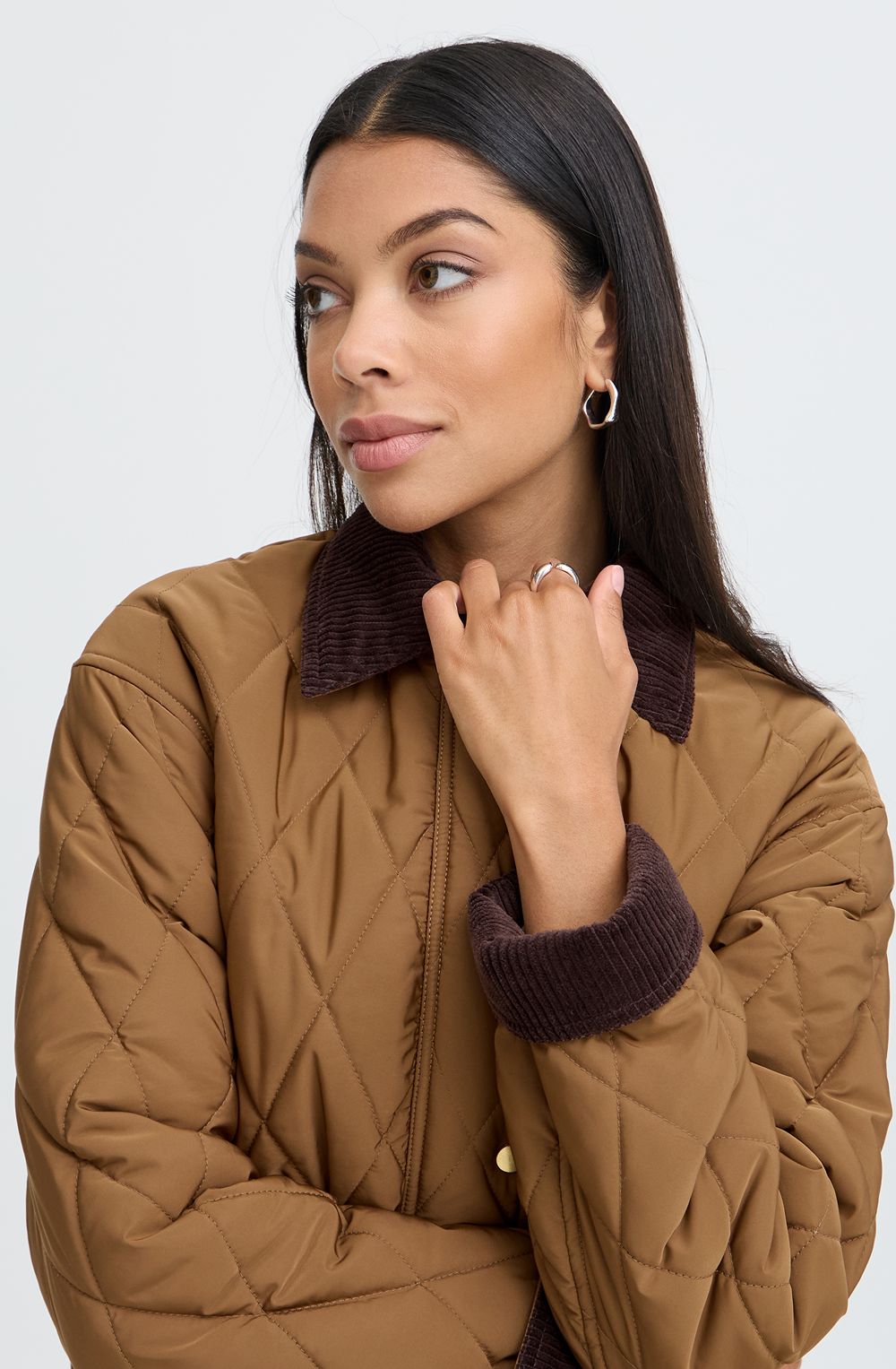 Sepia Quilted Jacket With Corduroy Trim